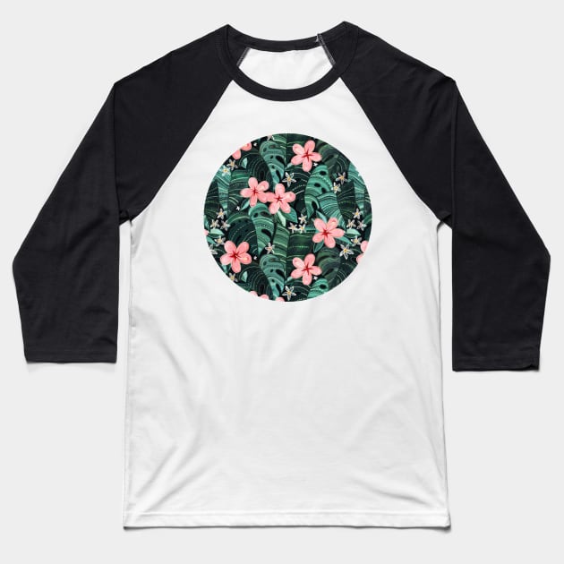 Midnight Tropical Garden - emerald green Baseball T-Shirt by micklyn